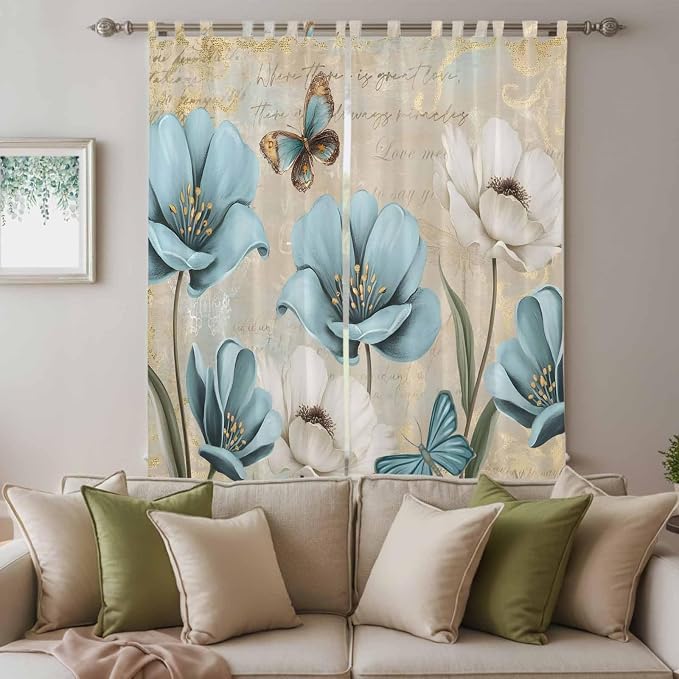 Spring Flowers Living Room Curtains 84 Inch Length, Window Curtains Tab Top