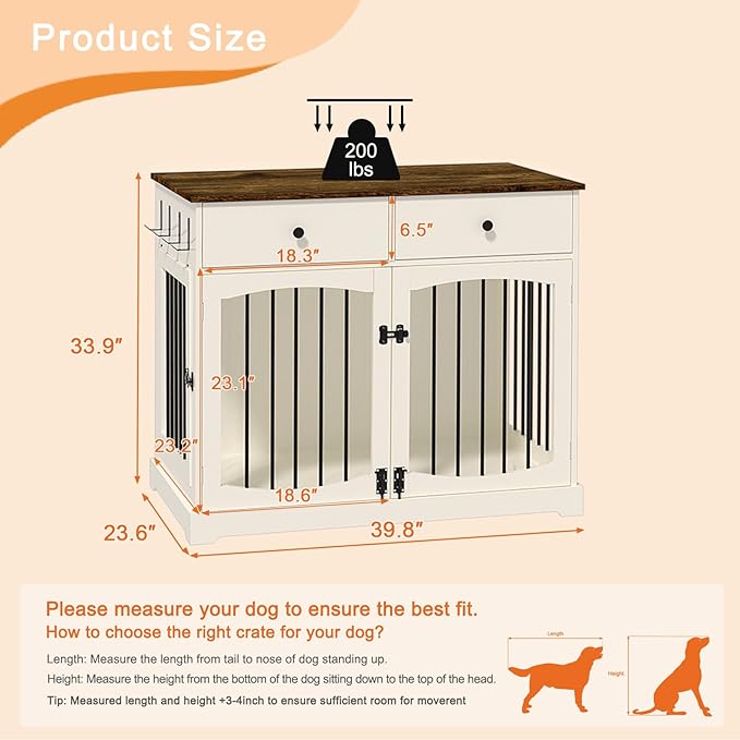 BREEZEHEAT 40 inch Dog Crate Furniture-Farmhouse Dog Kennel with Drawers-End Table Wooden Pet Crate, Double Door Design, Decorative Dog House Indoor for Small Medium Large Dog,Off White