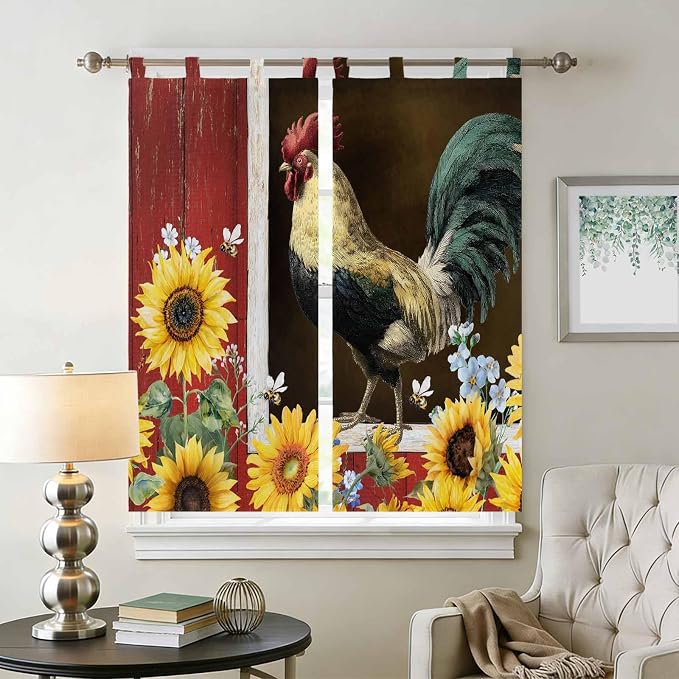 Chicken Sunflowers Living Room Curtains 84 Inch Length, Window Curtains Tab Top