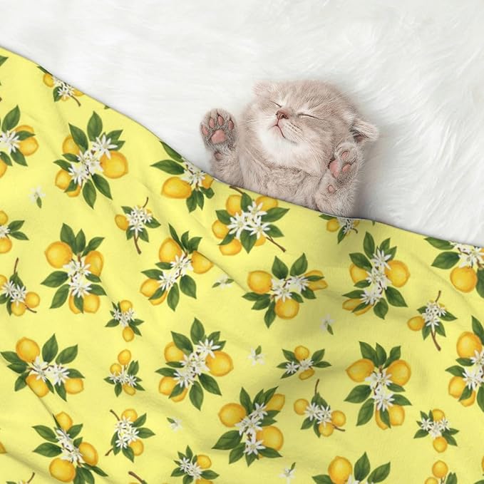 Reversible Pet Blanket for Easy Cleaning Maintenance, Buds Ripe Fruits Lemons Flowers White, Double Sided Plush Dot Design Means Double Use Between Washes for Convenience