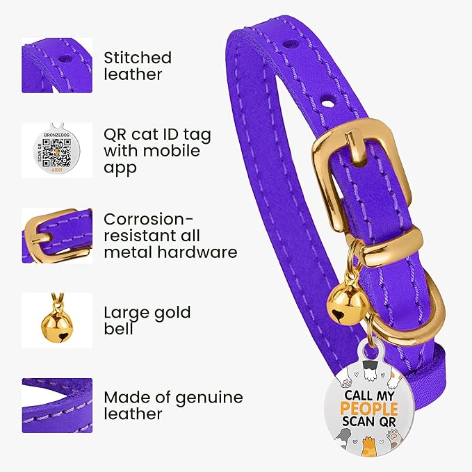 BRONZEDOG Leather Cat Collar with Removable Bells Non Breakaway Kitten QR Tag for Girl Boy (7" - 9" for Cats, Purple & Gold) (Pack of 2)
