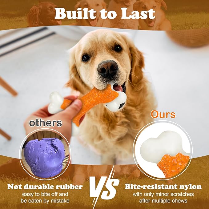 Indestructible Dog Toys for Aggressive Chewers: Peanut Butter Flavored Hard Nylon Bone Chew Toys, Tough Dog Chew Toys for Large Dogs, Dog Toys to Keep Them Busy for Medium Large Breed, Orange