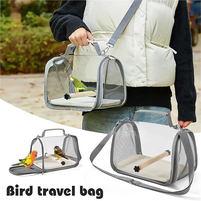 Portable Bird Travel Carrier for Small Birds and Parrots - Wooden Cage with Side Perch, and Mesh Window Accessory
