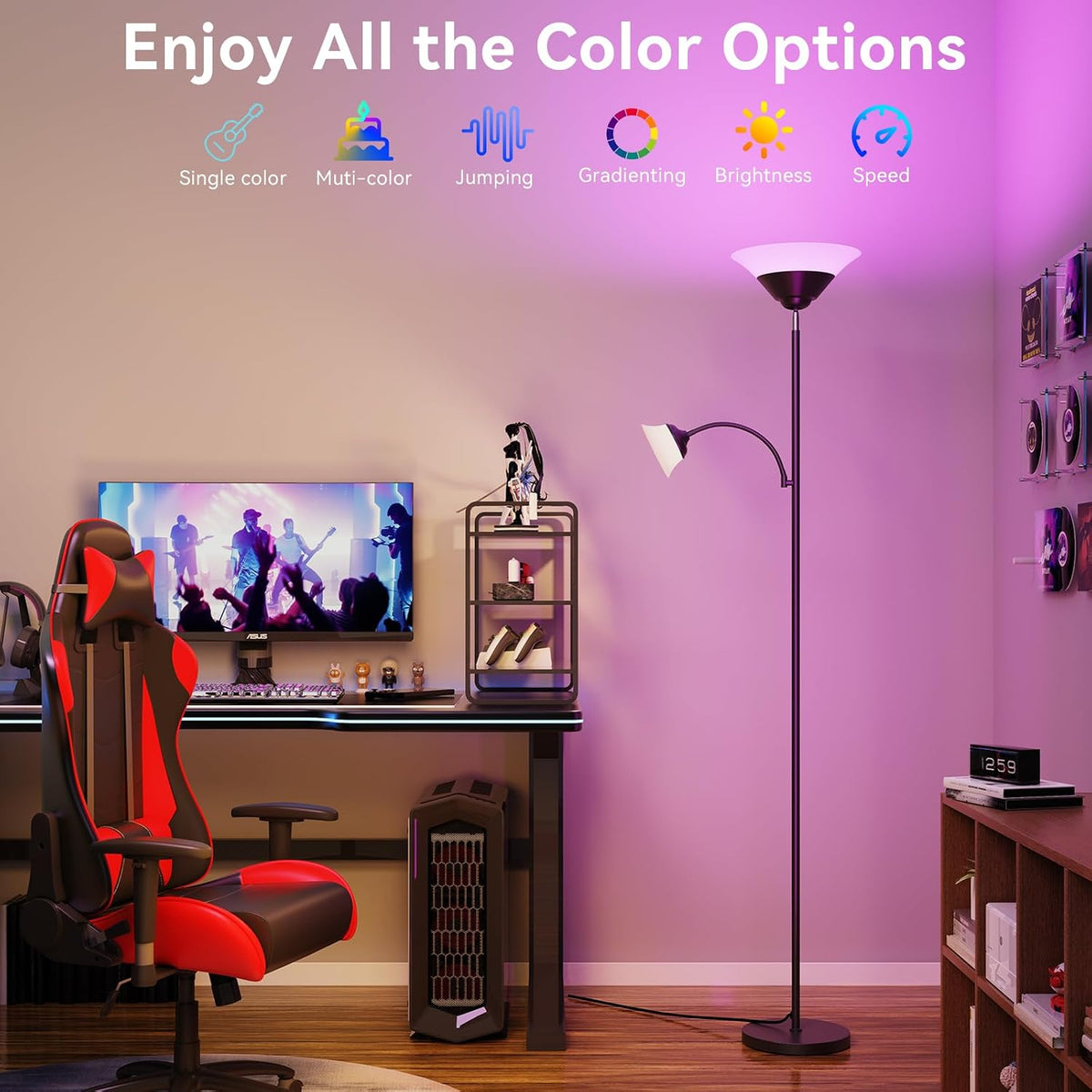 SIBRILLE RGB Torchiere Floor Lamp, 2-in-1 Dimmable Standing Lamp with Remote & Button Control, 34W 360° Rotatable LED Reading Lamp, 72" Modern Tall Corner Lamp for Bedroom, Living Room, Office, Black