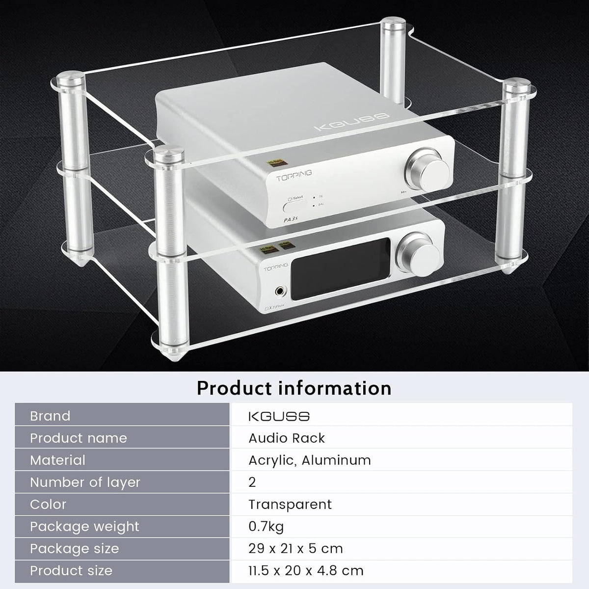 KGUSS Mini Audio Component Rack Acrylic 2-Layer Aluminium Holders Small Desktop Transparent Rack for HiFi Audio Equipment dac Amplifier Amp