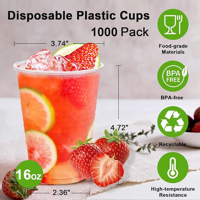Lamosi 1000 Pack 16 oz Plastic Cups, Disposable Clear Plastic Drinking Cups |