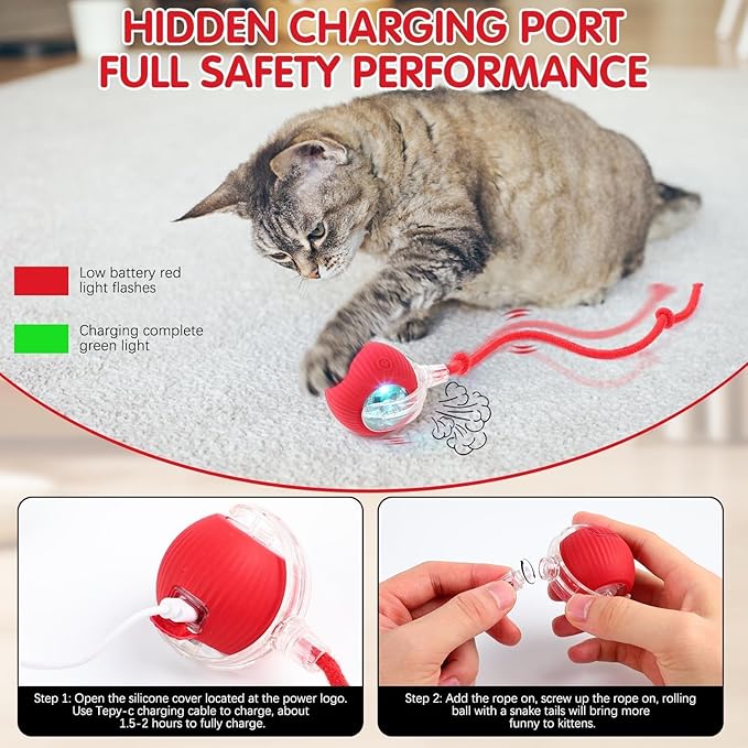 Automatic Interactive Rolling Cats Dog Toys Ball for Indoor- Rechargeable Activate Cat Dog Pet Toy for Indoor, Self-Playing Automatic Moving Kitten Toys for Cats, Durable and Safe Material (Red)