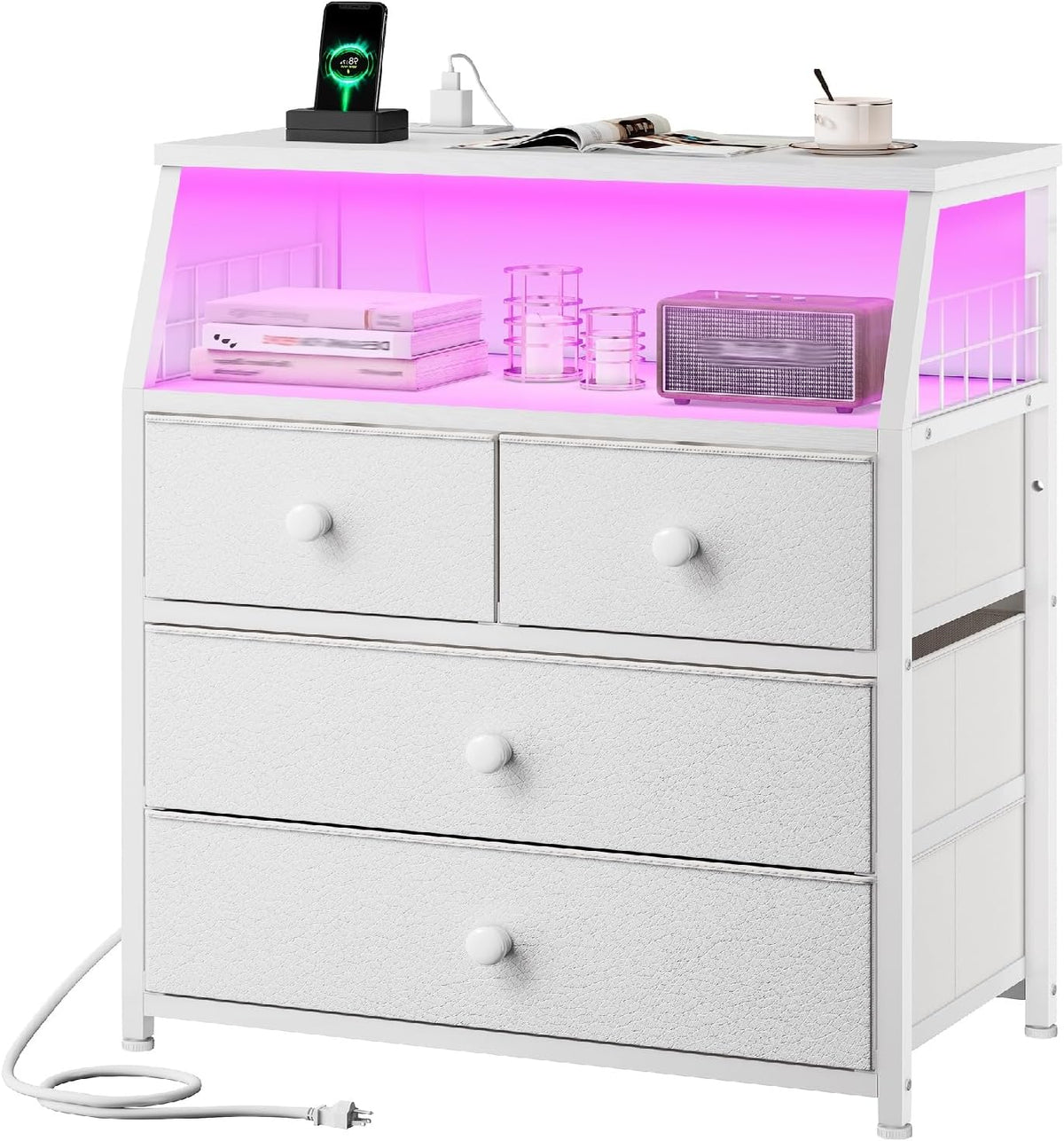 EnHomee Nightstand, 4 Fabric Drawer, LED Lights, Bedside Table