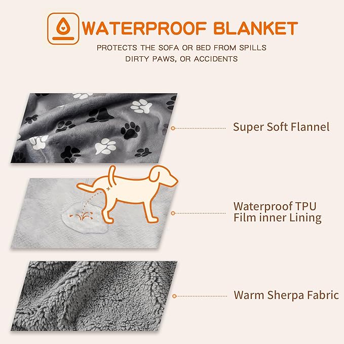 Waterproof Dog Blankets Pet Blanket, 30"x40" Cat Blanket for Indoor Cats, Soft Fluffy Sofa Car Bed Protector, Reversible Sherpa Fleece Puppy Blanket for Small Medium Dogs (Dark Grey-Paws)