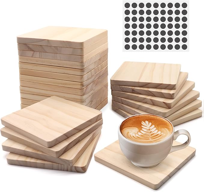 24 Pack 4 Inch Unfinished Square Wood Coasters