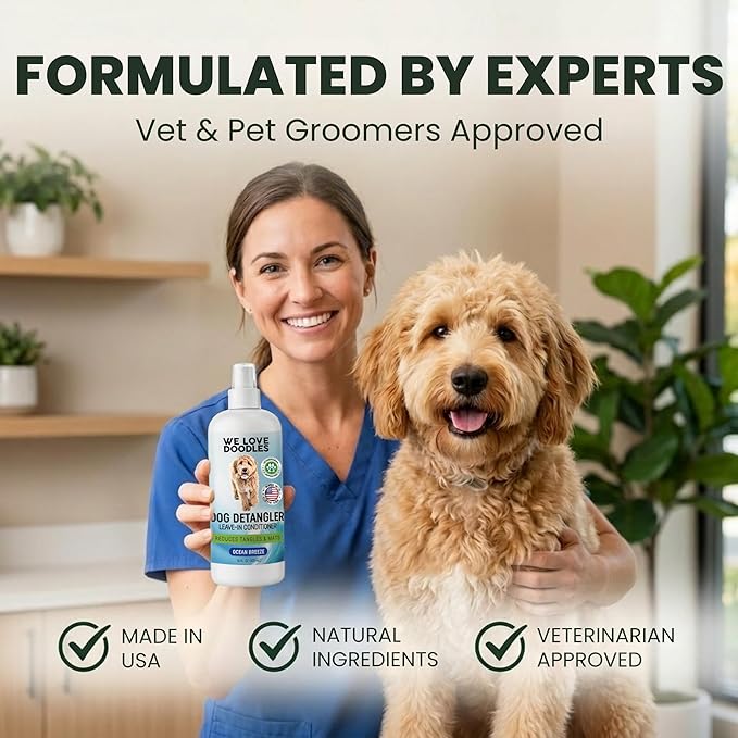 We Love Doodles Dog Detangler Spray - Leave-in Conditioner for Dogs - Dog Detangling Spray - Dematting Spray for Dogs - Tangle Remover - Made in The USA - Large 16 fl oz (Ocean Breeze)