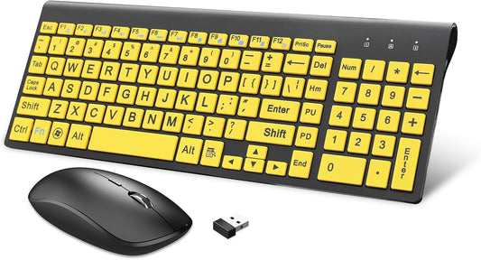 HXMJ-Wireless Large Print Keyboard and Mouse Set with USB Receiver| Quiet Scissor Switch | for Seniors and Visually Impaired Low Vision Individuals-Yellow