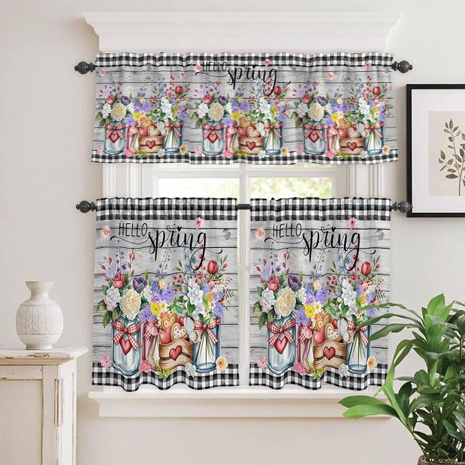 Spring Flowers Kitchen Curtain Set, Farmhouse Black Plaid Wood Grain Window