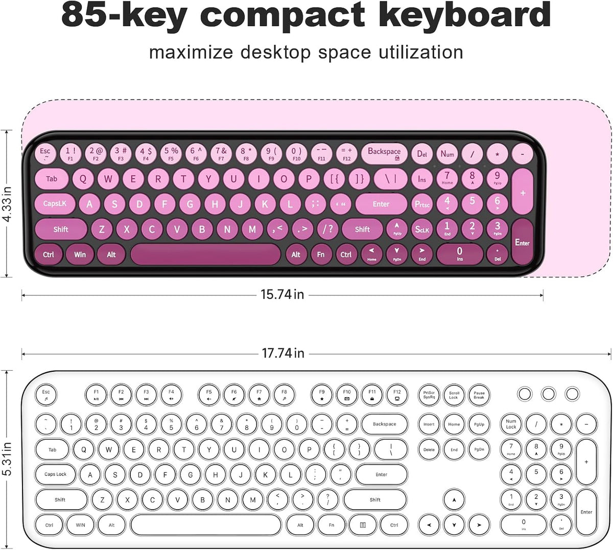 Wireless Keyboards Mouse Combos, 2.4G USB Cordless Keyboard Mouse Set with Colorful Round Retro Keycaps, Cute Typewriter Full-Size Keyboard for PC Laptop Desktop Computer Home Office-Black Pink
