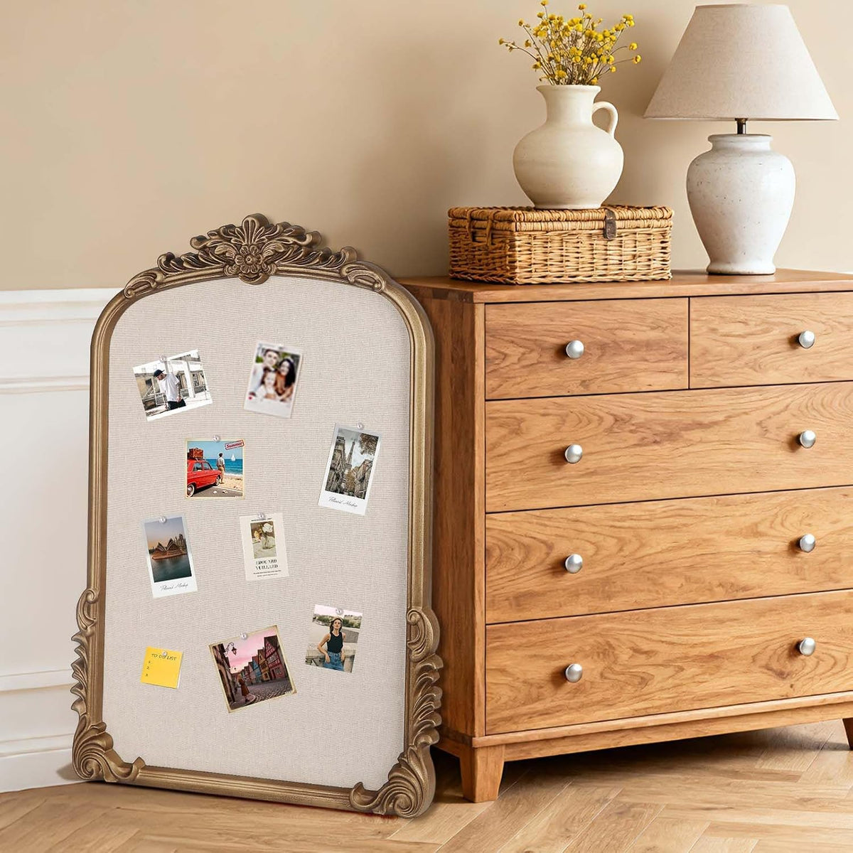 Arch Fabric Pin Board, 19" x 27" Vintage Bulletin Board with Gold Frame