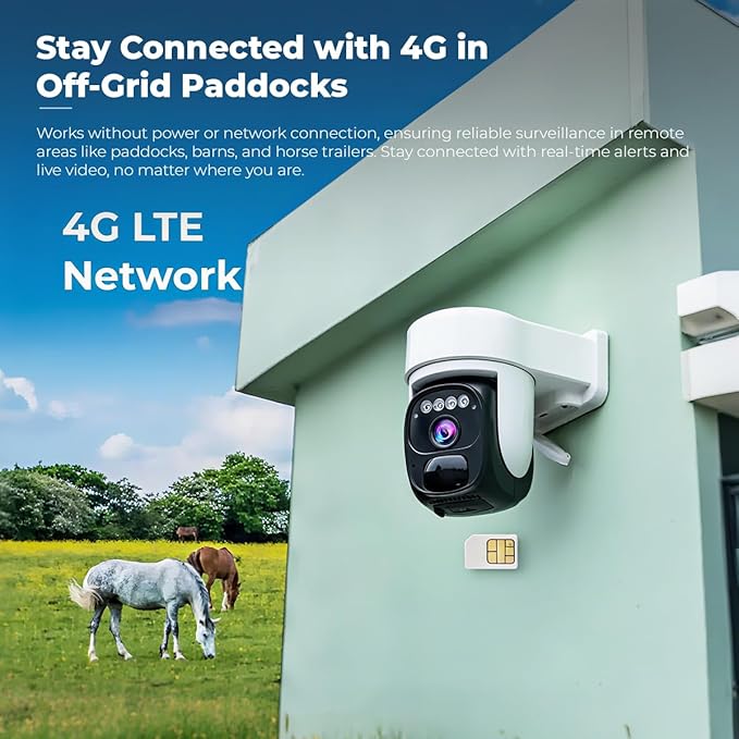 Solar 4G LTE Horse Paddock Camera – 2K Color Night Vision Security Cam with Auto Tracking, 9600mAh Battery, 360° Rotation, AI Motion Detection, IP66 Waterproof, No WiFi Needed