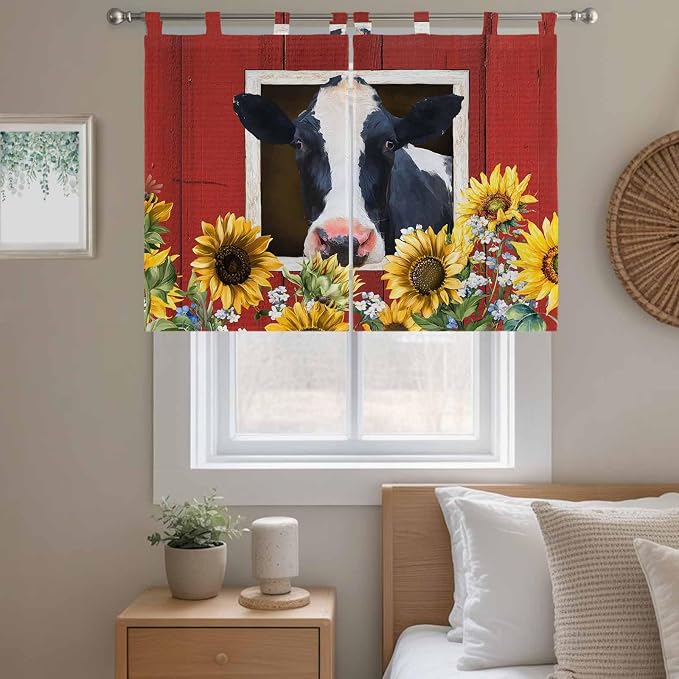 Cow Sunflowers Kitchen Curtains 45 Inch Length, Short Cafe Window Curtains Tab