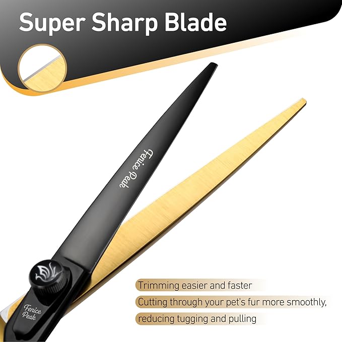 Fenice Peak 7'' Black Dog Grooming Scissors Goldern Straight Shears with Ergonomic Offest Handle and Pattern Screw Pet Grooming Trimming Shears Durable and Sharp 440C