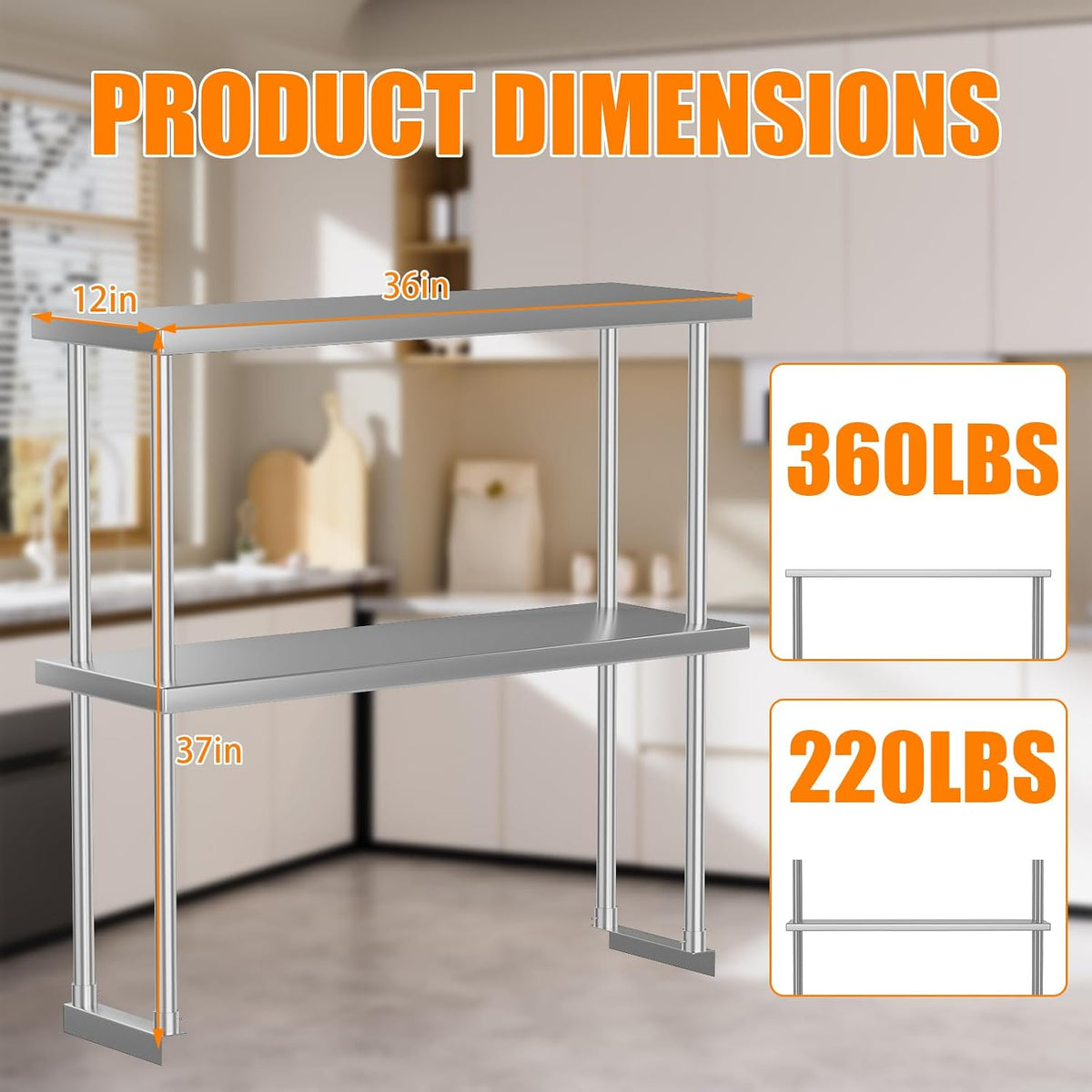 2-Tier Stainless Steel Overshelf for Work & Prep Table, 12x36 inch Commercial Adjustable Double Shelf, Heavy Duty Storage Rack for Kitchens, Utility Rooms, Restaurants & Garages