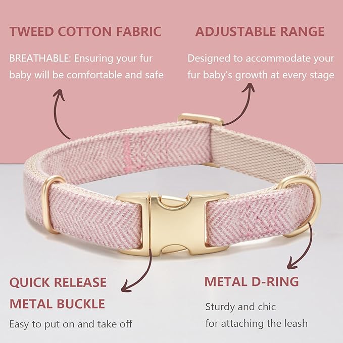 Soft Cotton Hemp Dog Collar with Metal Buckle Adjustable Twilled Dog Collars for Female Small Medium Large Dogs(Pink,Medium)