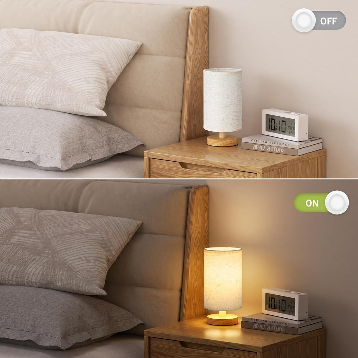 Fenmzee 8.5" Small Table Lamps Set of 2 - Light Beige Shade & Wood Base