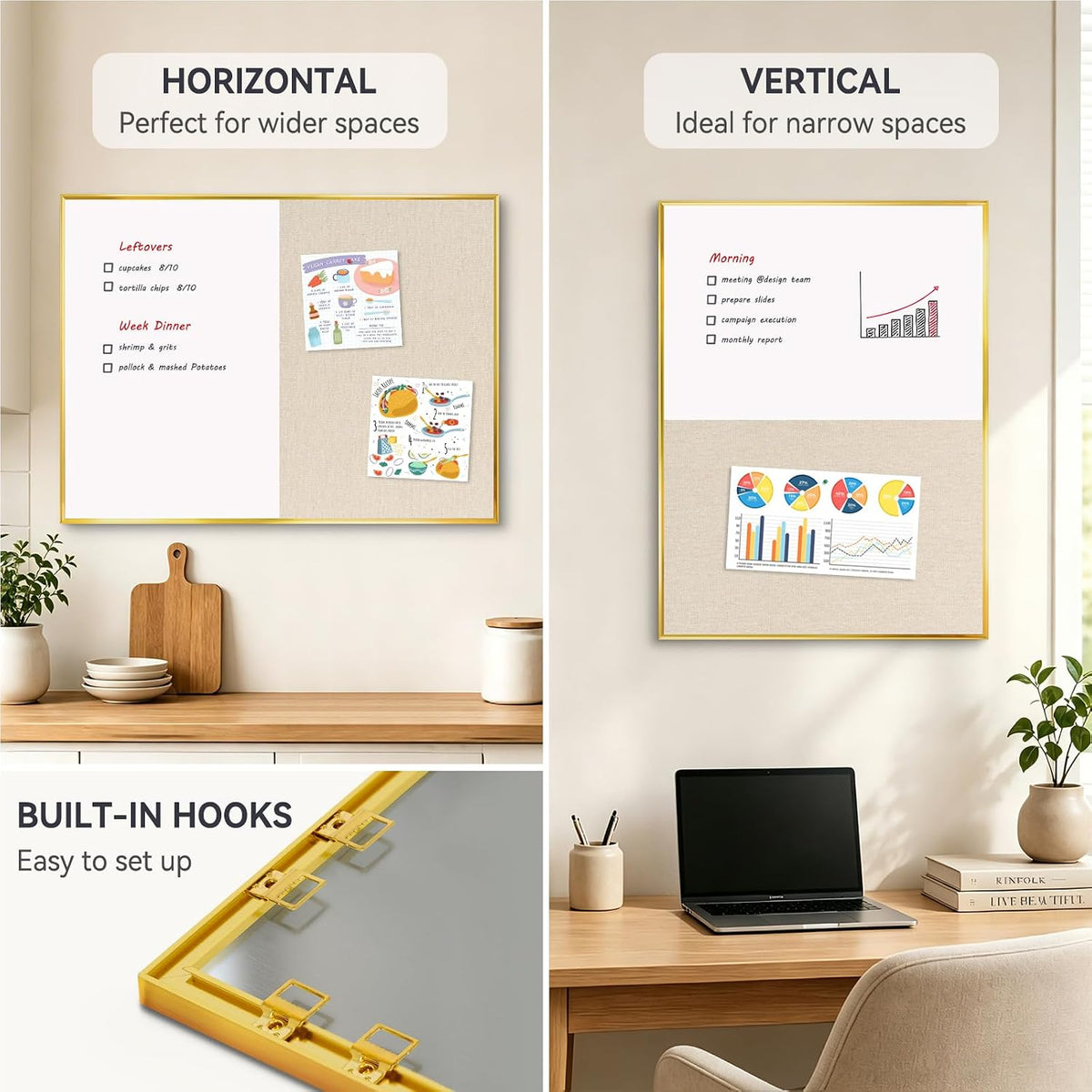 Whiteboard Bulletin Board Combo, 36"x24" Dry Erase Linen Cork Board