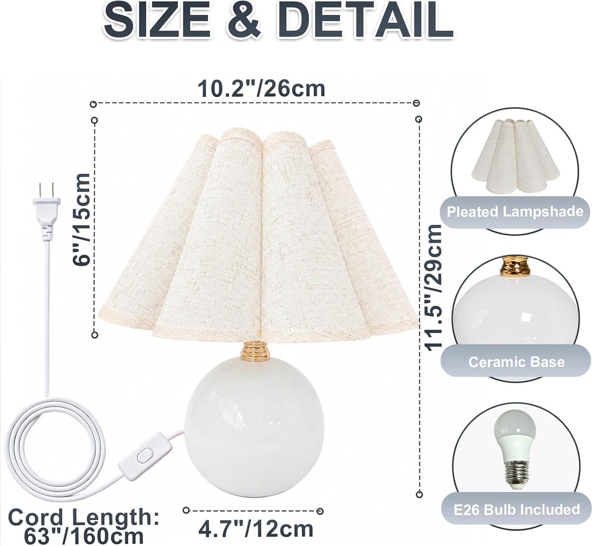 Small Ceramic Table Lamp, 11.5'' Cute Scalloped Lamp (White)