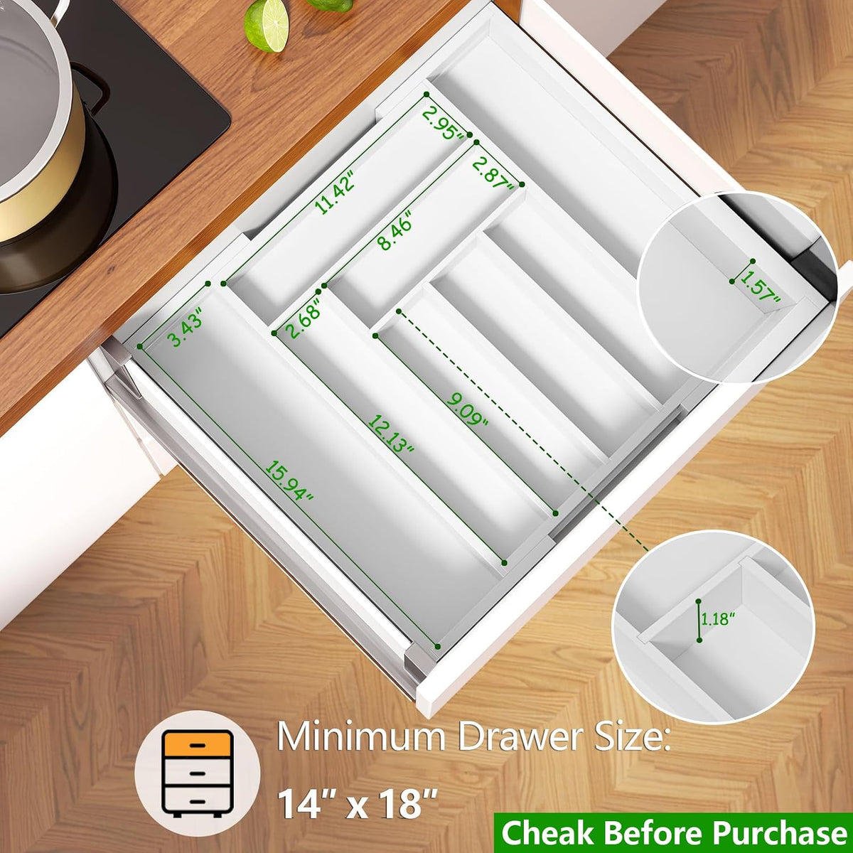 Pipishell Expandable Bamboo Silverware Drawer Organizer, White, Large