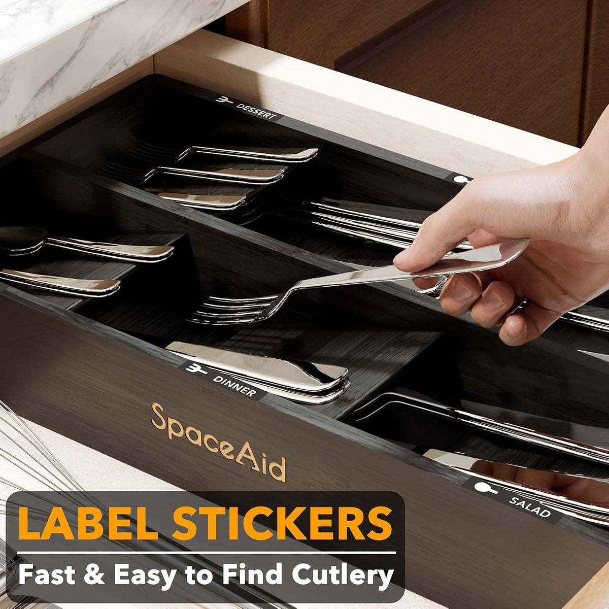 SpaceAid Bamboo Silverware Drawer Organizer with Labels, Kitchen Utensil Tray Holder Organizer for Flatware, Cutlery, Spoon and Knives Drawer Storage Organization (Black, 6 Slots)