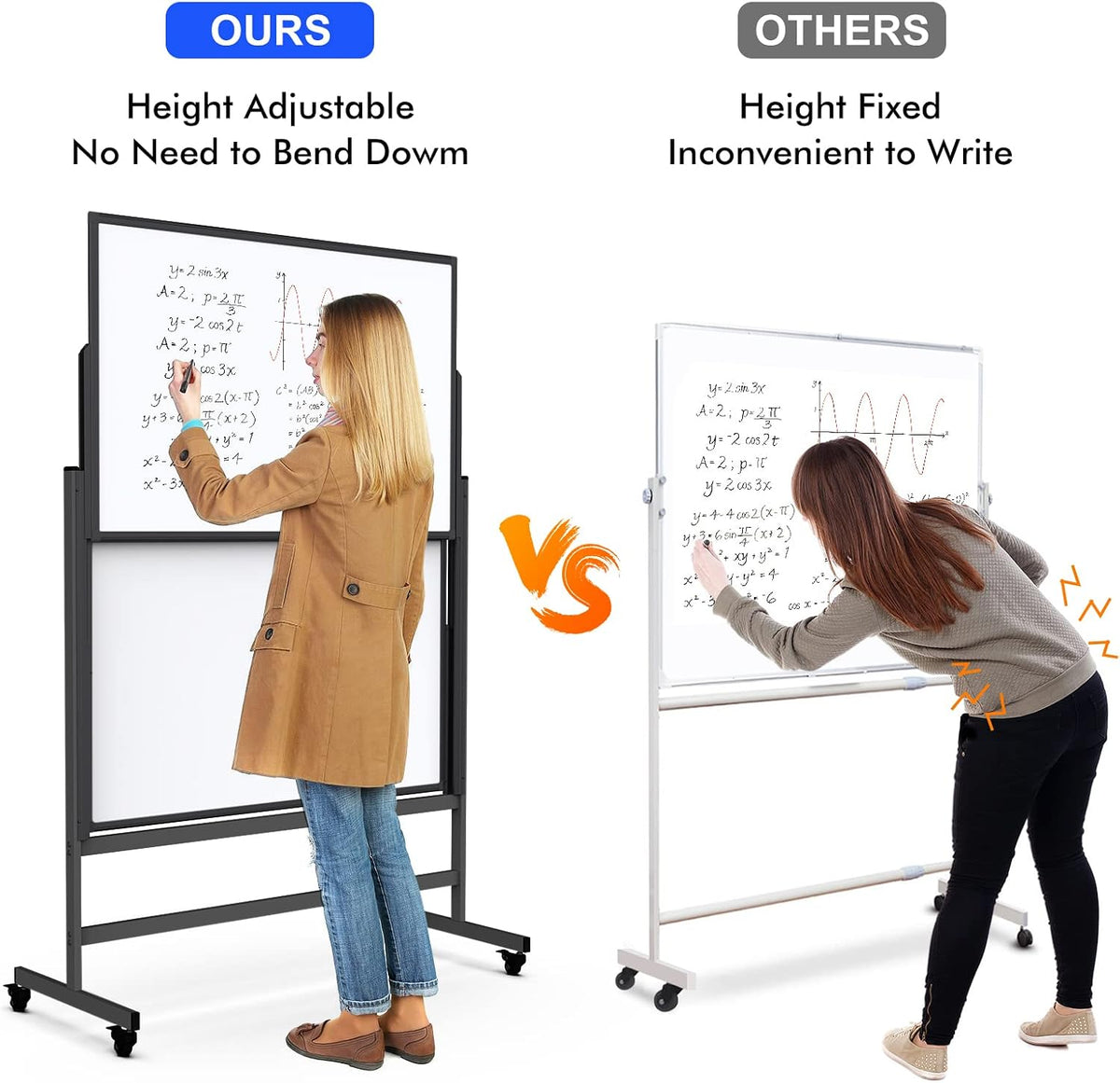 Maxtek Double-Sided Rolling White Board on Wheels 48x60, Height Adjustable