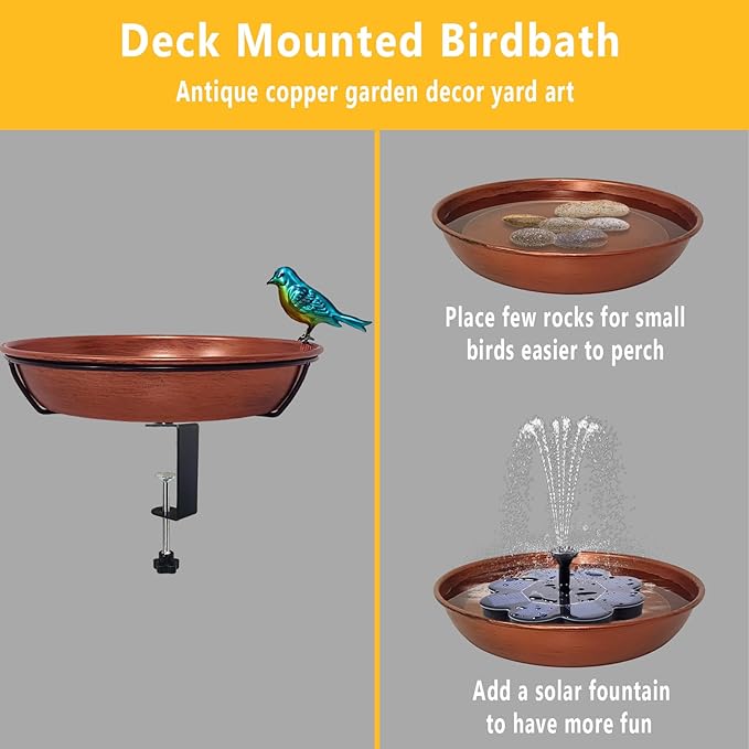 Deck Bird Bath for Outdoors, 11" Copper Metal Birdbath Bowl with Adjustable Big Steel Clamp Backyard Bird Bath&Bird Feeder for Railing Balcony Fence Yard Art Garden Decor