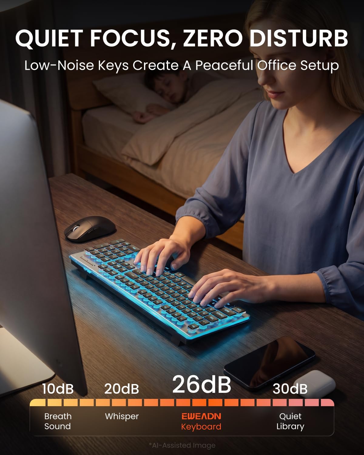 Wireless Keyboard and Mouse Combo with Blue Backlit, Rechargeable-Black