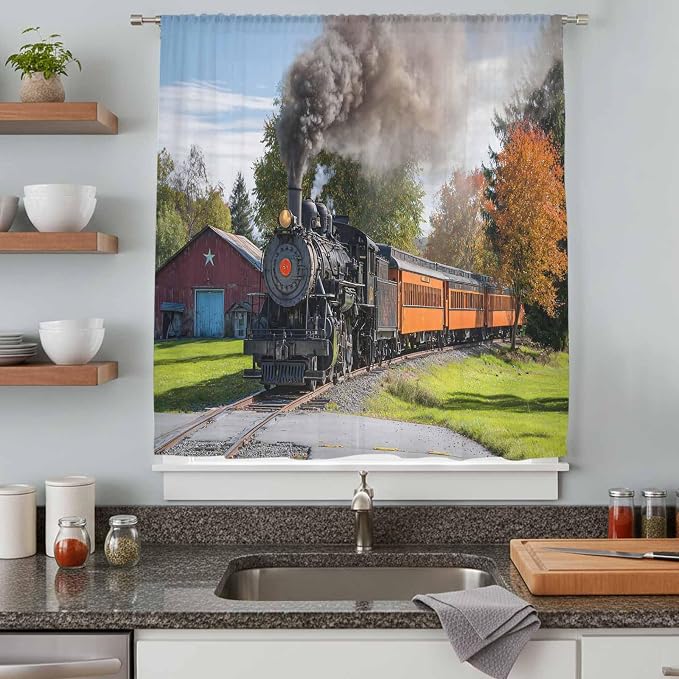 Steam Train Sheer Curtains 63 Inch Length Railroad Country Barn Rustic Trees