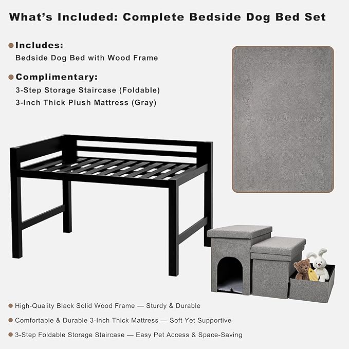 Bedside Dog Bed with Mattress - Raised Wooden Pet Cosleeper with Guardrail, Removable Mattress & 3-Step Foldable Stairs, Freestanding Bassinet-Style Elevated Dog Bed for Large Sized Dogs