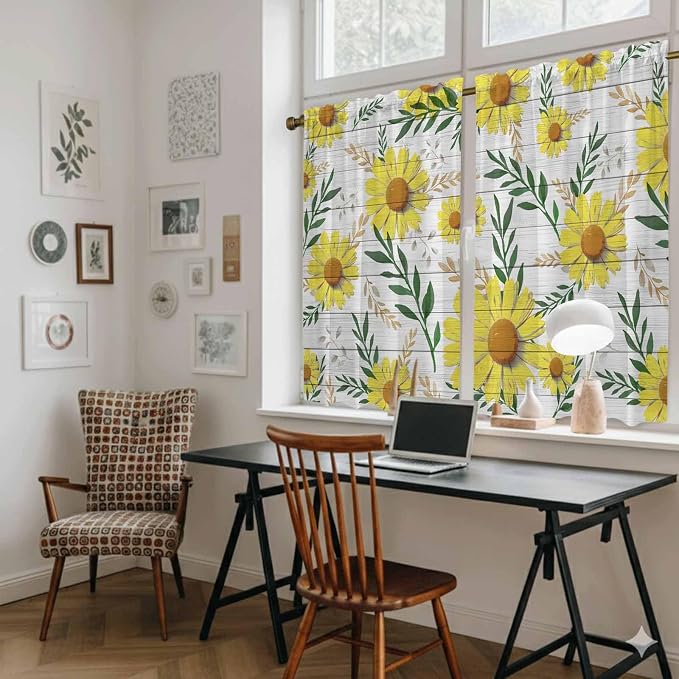 Yellow Daisy Kitchen Curtains, Farmhouse Country Flower Leaf Plant Wood Grain