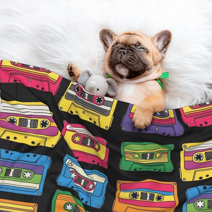 Reversible Dog Blanket for Beds Couches, Colorful Retro Cassette Pattern, Double Sided Cat Blanket with Textured Dot Feel and Smooth Feel for Seasonal Comfort All Year