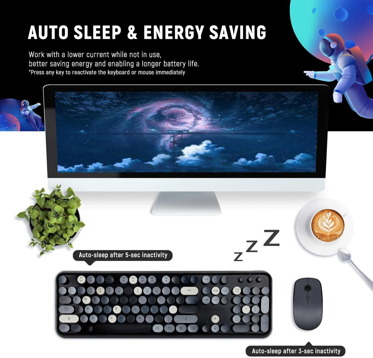Clicky Wireless Keyboard and Mouse Combo,Retro Typewriter Style,Black Gray