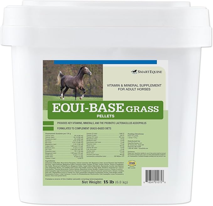 SmartEquine EquiBase Grass Pellets | Horse Vitamins & Minerals Supplement | Forage Balancer | Horses in Light to Moderate Work | 15 lb Bucket
