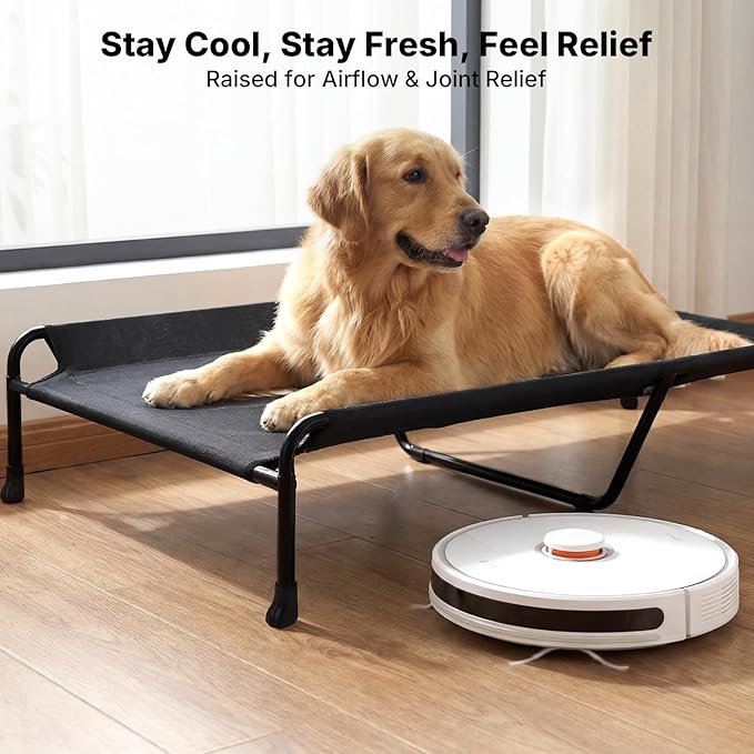 Veehoo Outdoor Dog Bed, 53" XXL Raised Dog Bed, Elevated Dog Bed with Headrest Sides, Washable Cooling Dog Cot with Non-Skid Feet, Breathable Mesh, Portable Pet Hammock for Indoor or Camping, Black