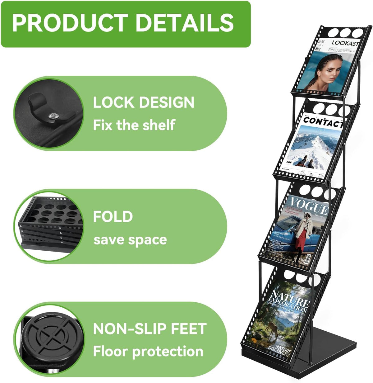 YDisplay Foldable Magazine Display Rack 4-Tier Brochure Literature Display Stand with Reinforced Base for Trade Show Literature Stand Ideal for Office Store Exhibition and Events