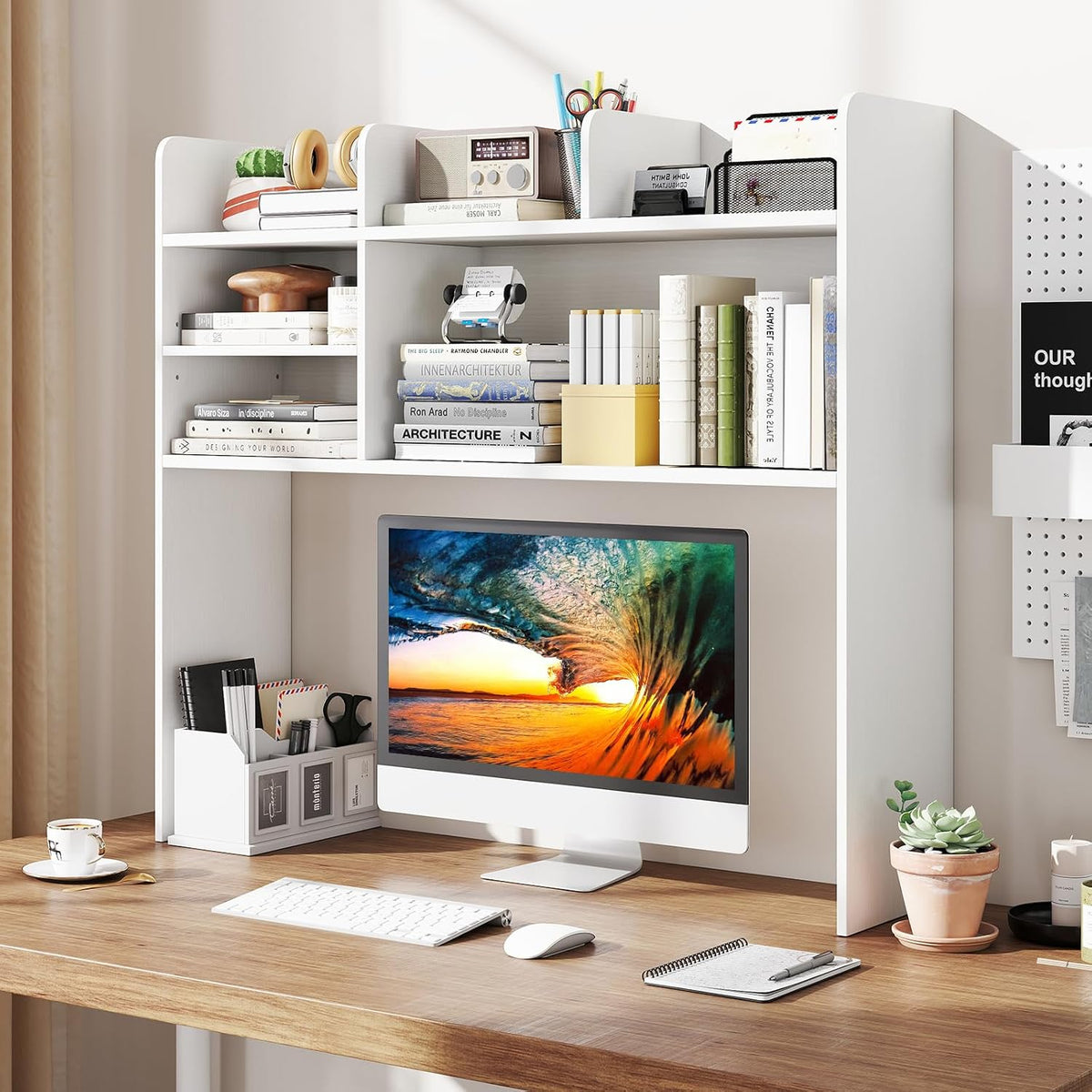 GIANTEX Desktop Bookshelf, 37" Desk Hutch Dorm for Computer Up to 32 Inch, Countertop Hutch w/6 Storage Shelves, 3-Tier Desktop Organizer Display Rack, Wood Desk Shelf for Home Office (White)