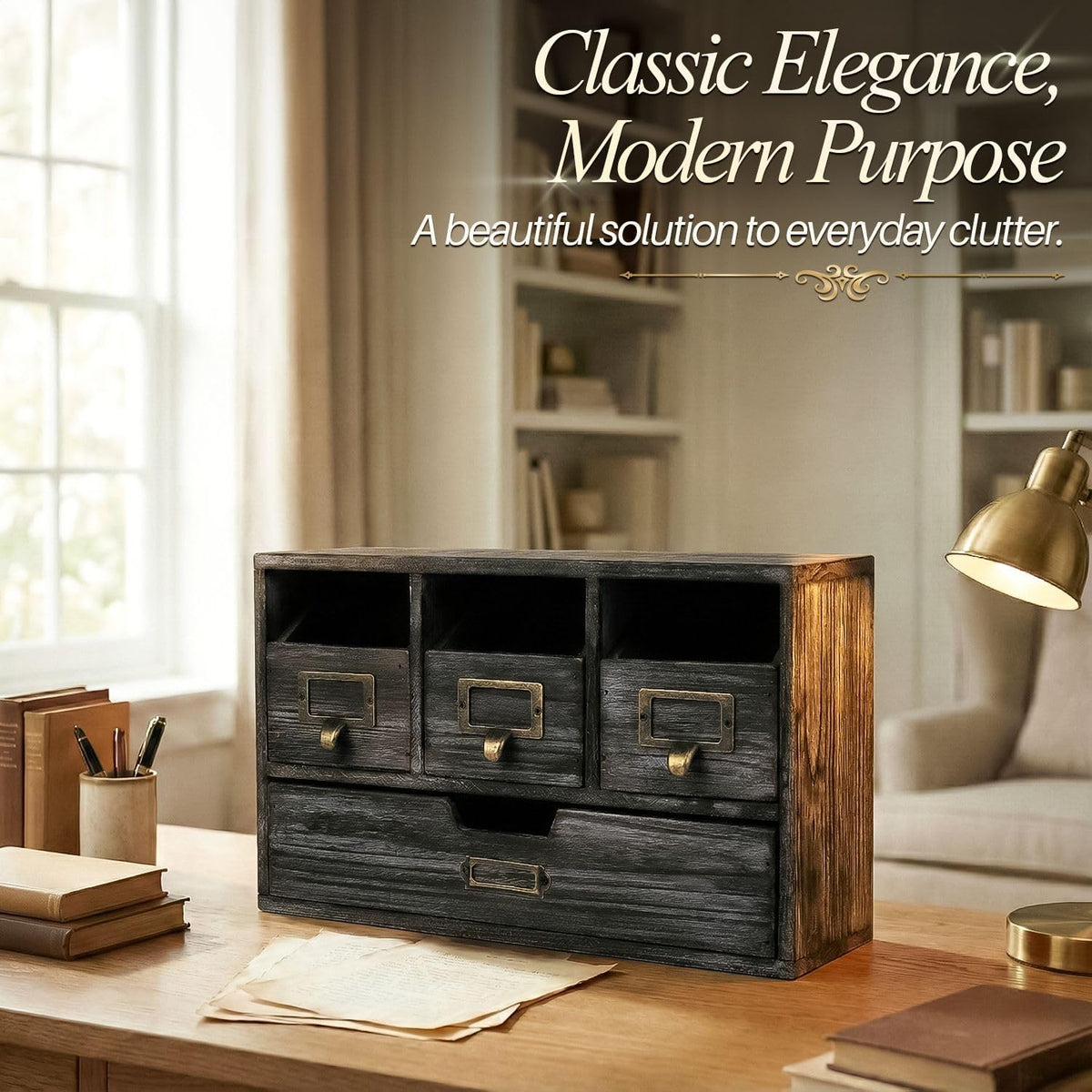 Flexzion Apothecary Cabinet with 4 Drawers - Vintage Rustic Wood Desktop Organizer for Home & Office Supplies - Tabletop Wooden Storage for Catalog, Card, Jewelry, Makeup, Craft & Tools