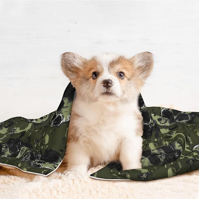 Waterproof Dog Blanket Soft Pet Blanket for Puppy Cat, Fleece Cat Throw Blankets for Furniture Bed Couch Sofa Reversible - Green Camouflage Skull 7