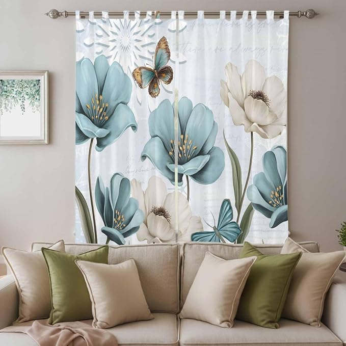 Blue Tulips Living Room Curtains 96 Inch Length, Window Curtains Tab Top