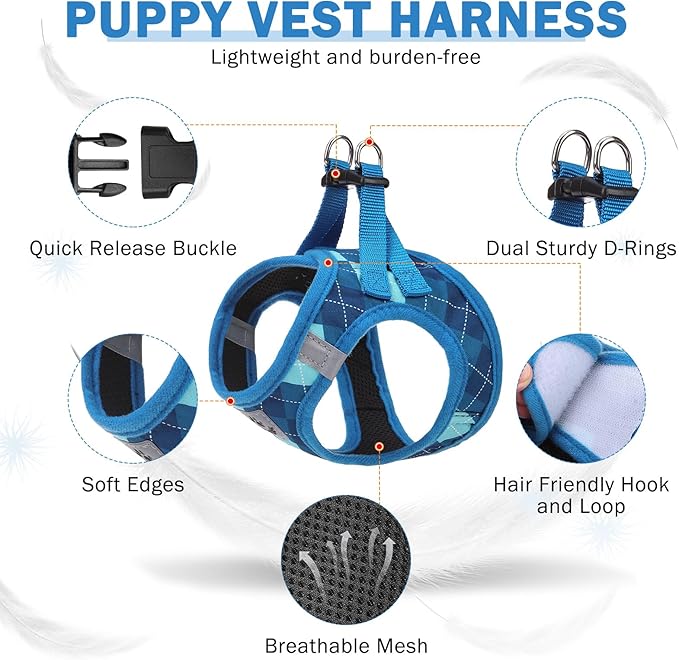 SCENEREAL Small Dog Harness and Leash Collar Set, Step in No Pull Soft Mesh Dog Harnesses for Small Medium Sized Dogs Puppy and Cats Outdoor Walking, No Chock Reflective Vest Harness, Blue Plaid XS