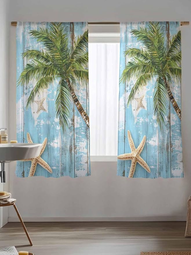 Sheer Curtains 63 Inch Length, Coastal Beach Blue Semi Sheer Curtains Light