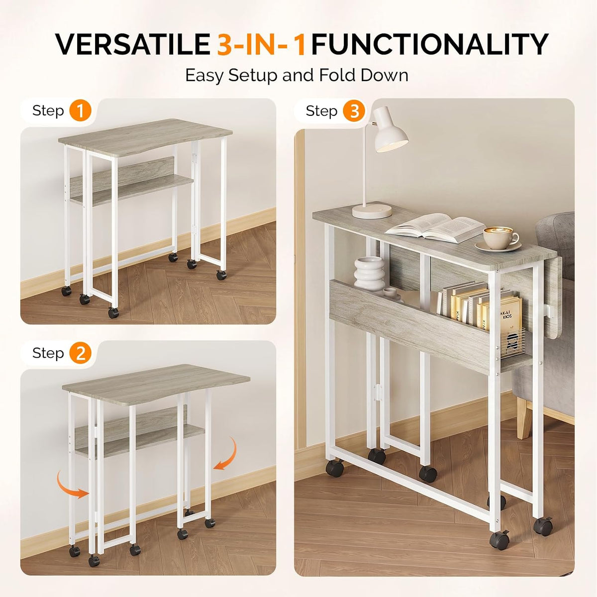 VINGLI 31.5 Inch Folding Computer Table, Small Rolling Desk with Storage Shelf, Space-Saving Sofa Table for Couch, Portable Writing Workstation Office Computer Desk, Grey