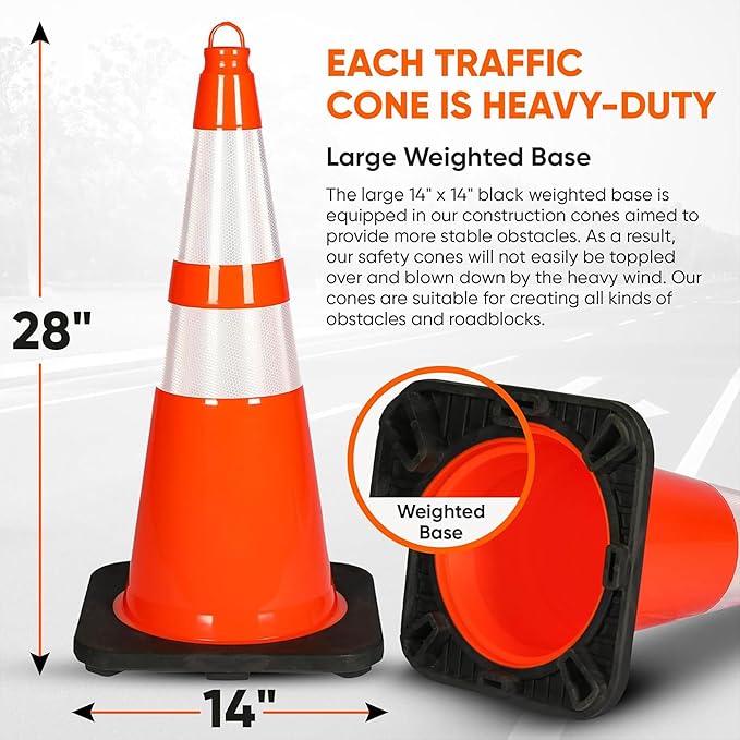 Pyle 28-Inch Safety Traffic Cones, 4-Pack Orange Parking Cones with Reflective Collars, Stackable PVC Construction for Roadwork, Sports Training & Events, Solid High-Density Base for Stability