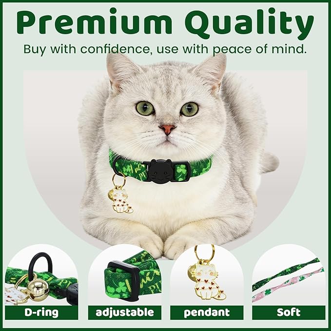 St. Patrick's Cat Collar-2 Pack Collars Pink and Green Four-Leaf Clover&Trefoil Print Breakaway with Kitten and Bell Pendant Safety Buckle Adjustable Pet Collar for Cats and Small Pets