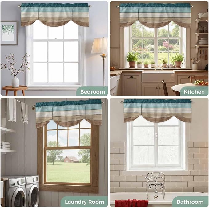 Teal Brown Tie Up Valance Curtains